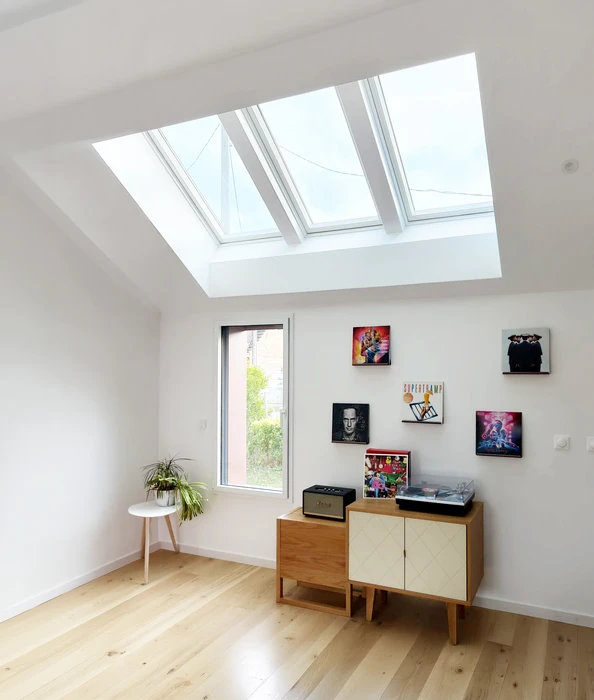 Vue extérieure d'une toiture en zinc avec verrières