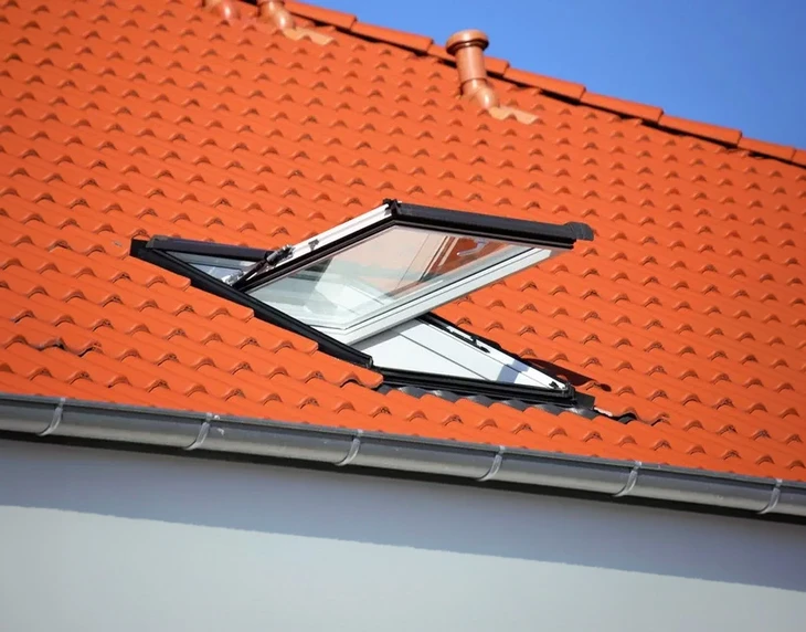 Extérieur d'une maison avec toiture en tuiles terre cuite oranges sous ciel bleu
