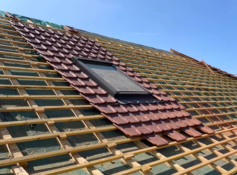 Couvreur en tenue de travail effectuant la pose d'un châssis de toit sur toiture en tuiles terre cuite rouge