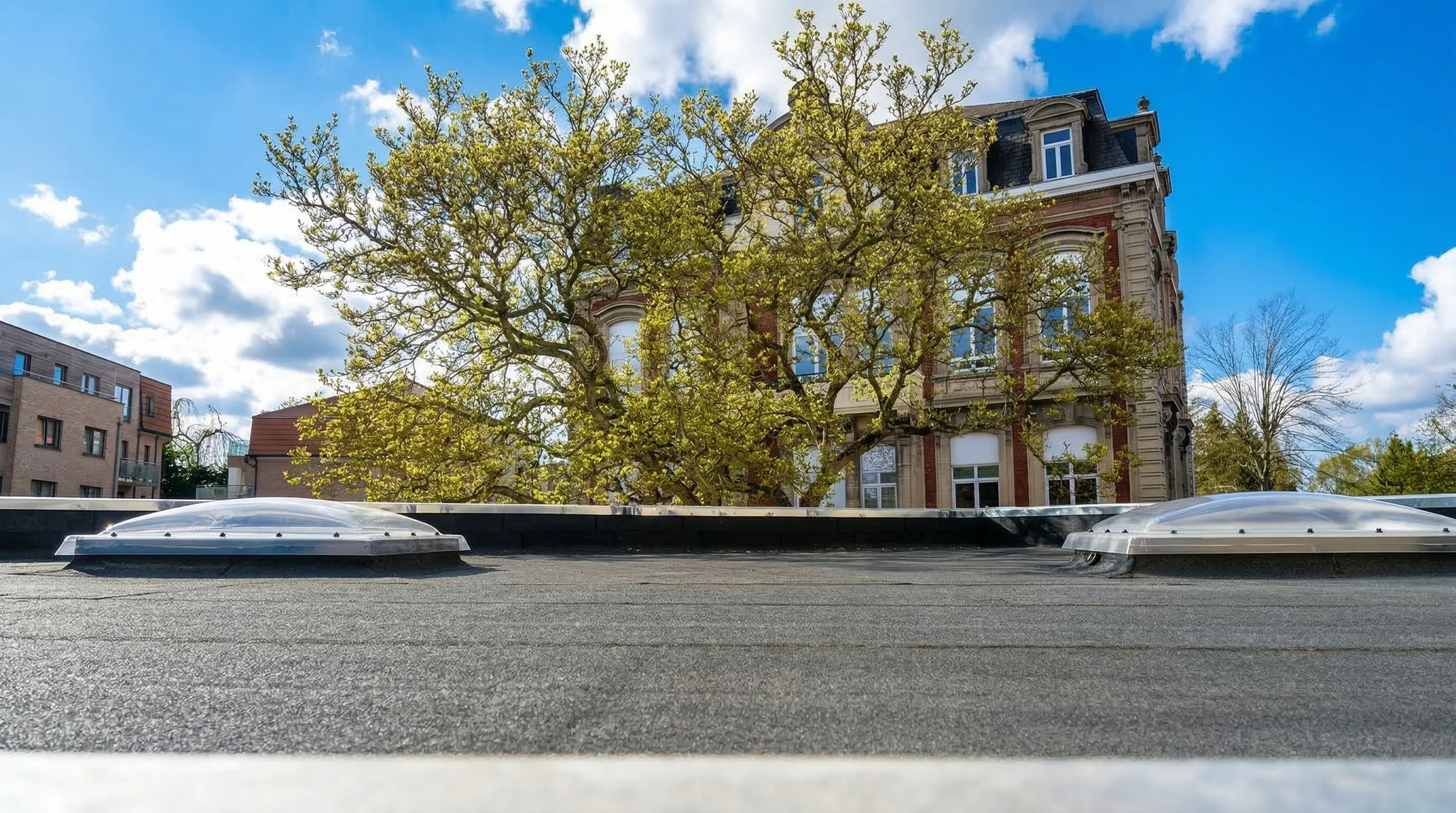 Toiture commerciale plate avec membrane d'étanchéité bitumineuse, système de drainage et éléments techniques